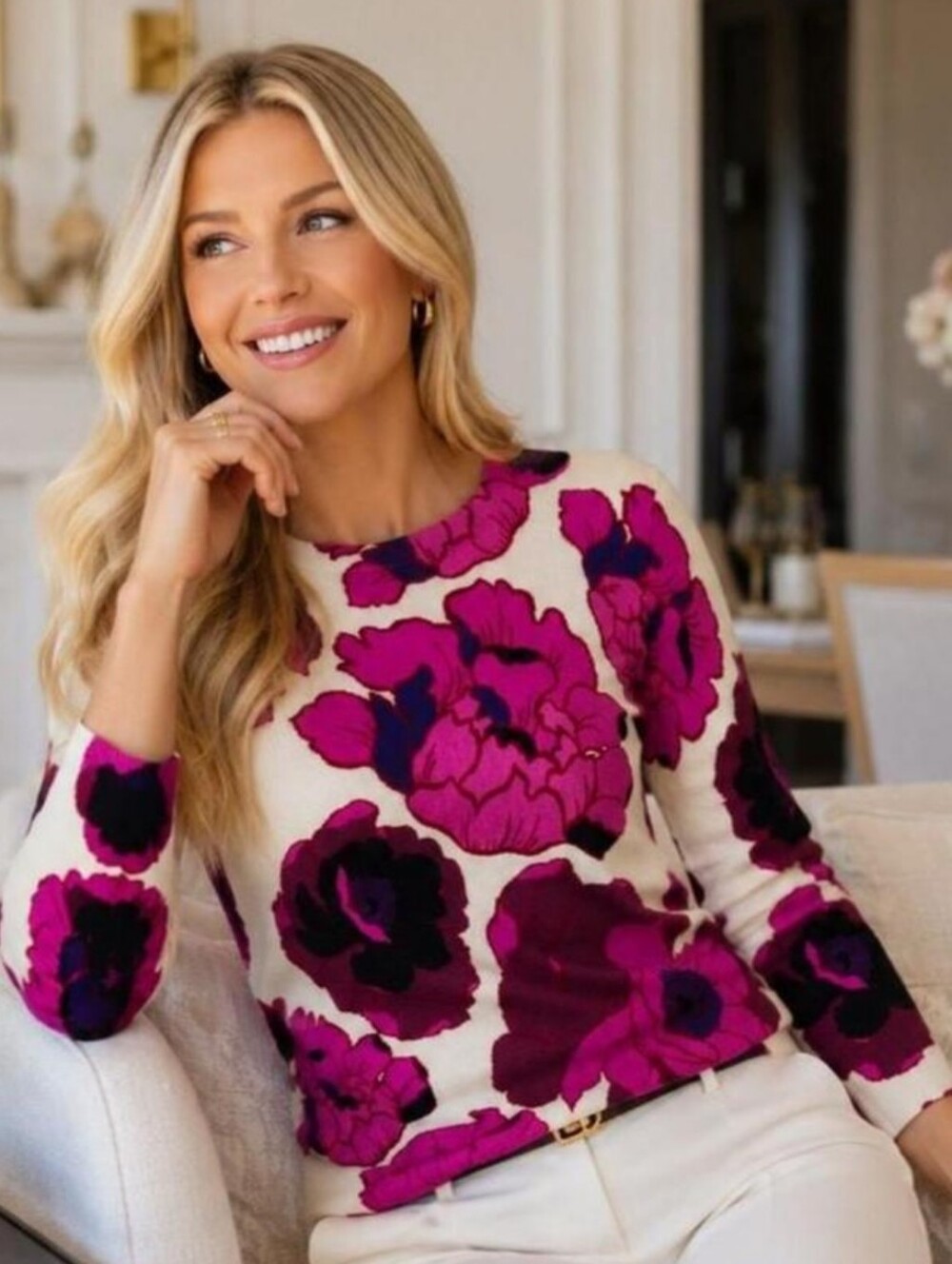 TALBOTS Audrey Pure Cashmere Sweater Blooming Floral' (Fitted) L Fuchsia Excelle